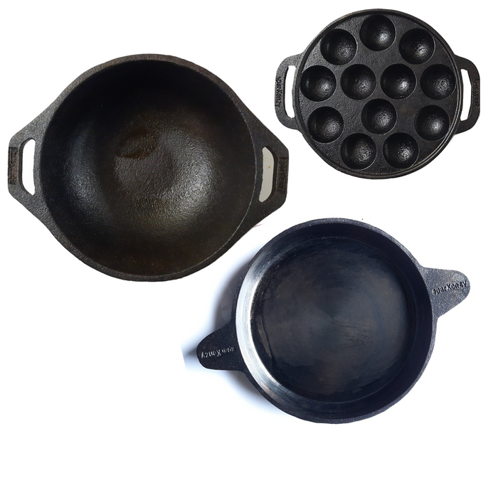 Sparkenzy Pre seasoned Cast iron Paniyaram pan 12 pit | kadai 10 inch | Fish fry pan 9 inch | Combo - Sparkenzy.com