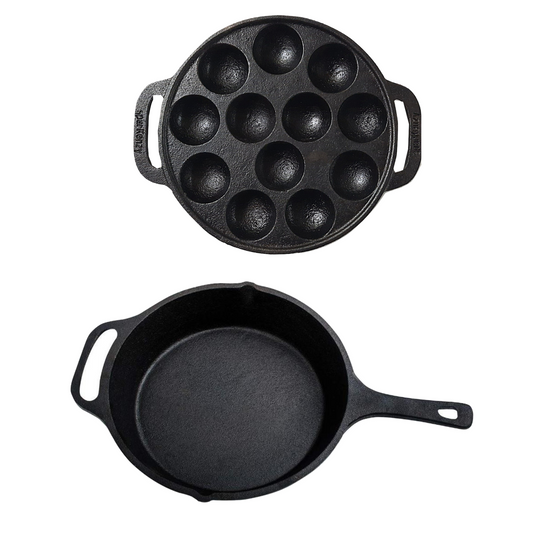 Sparkenzy Pre seasoned Cast iron Skillet 10 inch | Paniyaram pan 12 pit | combo