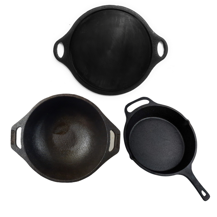 Sparkenzy Pre seasoned Cast iron Tawa 11 inch | Kadai 10 inch | Skillet 10 inch | Combo - Sparkenzy.com