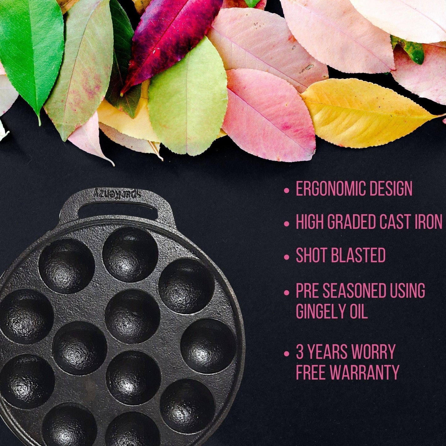 Sparkenzy Cast Iron Pre Seasoned Paniyaram with lid / Paddu Pan | 12 Pit | 8 inch