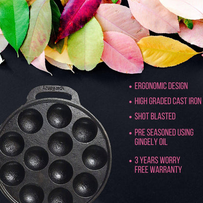 Sparkenzy Cast Iron Pre Seasoned Paniyaram with lid / Paddu Pan | 12 Pit | 8 inch