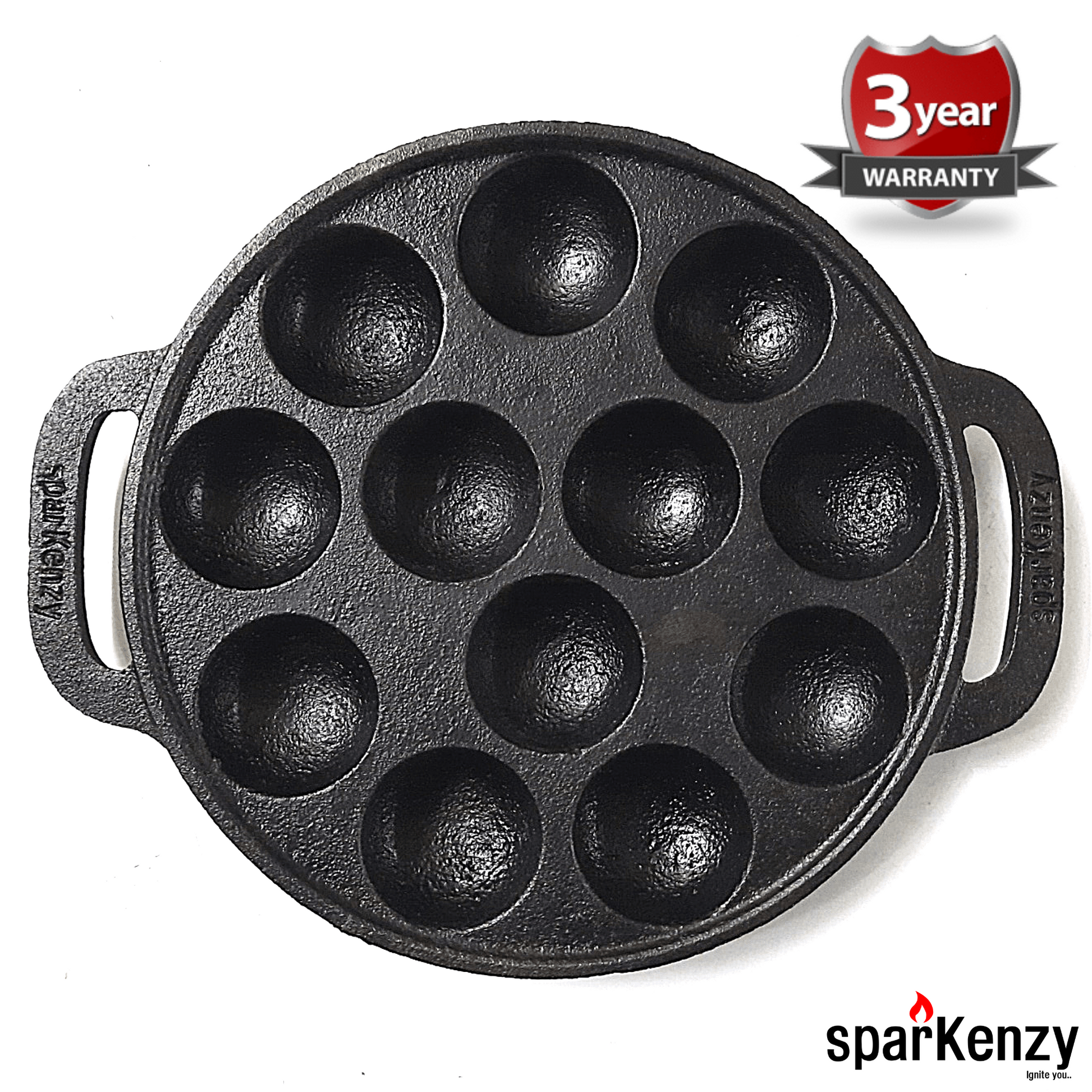 Sparkenzy Cast Iron Pre Seasoned Paniyaram with lid / Paddu Pan | 12 Pit | 8 inch