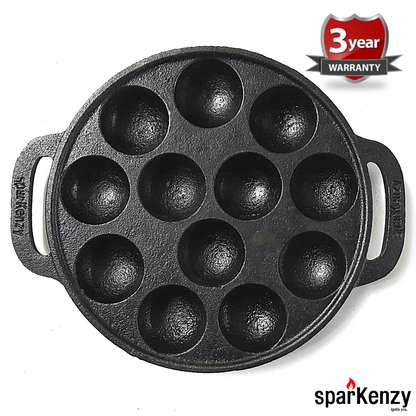 Sparkenzy Cast Iron Pre Seasoned Paniyaram with lid / Paddu Pan | 12 Pit | 8 inch