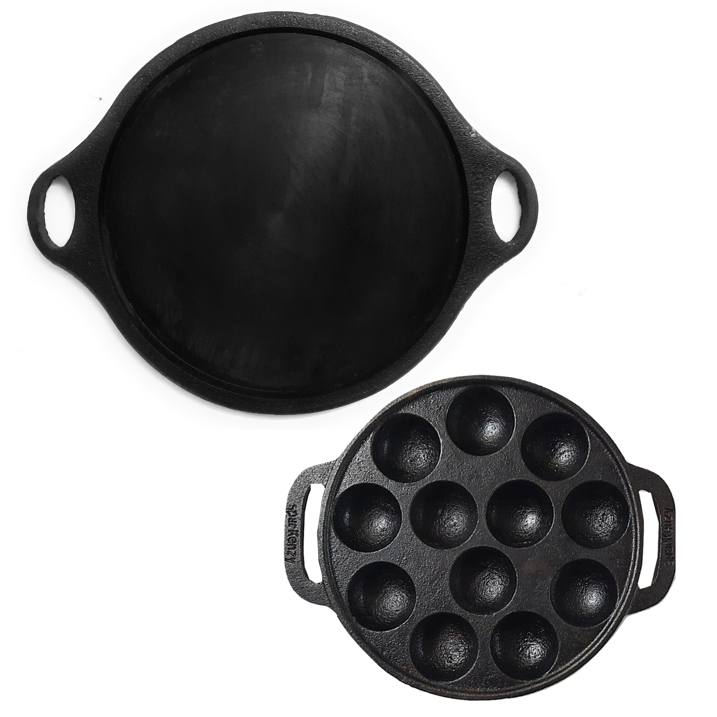 Sparkenzy Pre seasoned cast iron Dosa Tawa 12 inch | Paniyaram Pan 12 pit with lid 8 inch | Combo