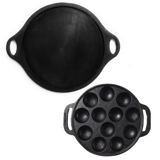 Sparkenzy Pre seasoned cast iron Dosa Tawa 12 inch | Paniyaram Pan 12 pit with lid 8 inch | Combo
